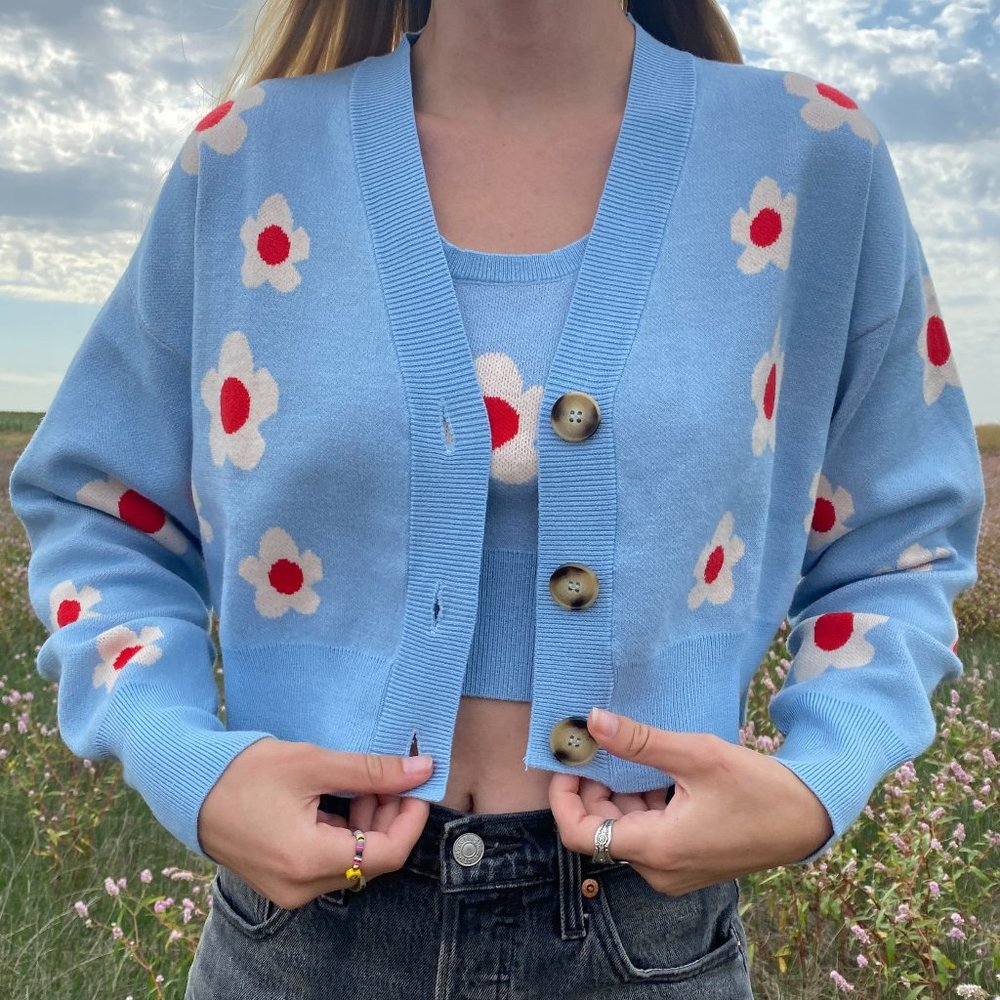 Bailey Rose Baby Blue Flower Tank & Cardigan Sweater Set